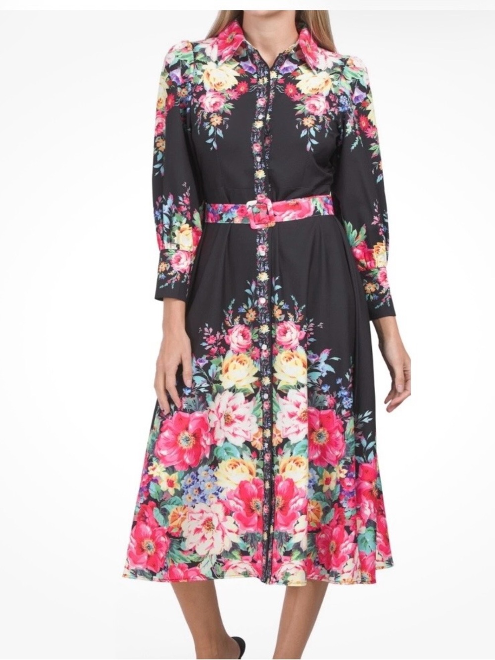 NWT Dalia Macphee Long Sleeve Collared Floral Border Dress
